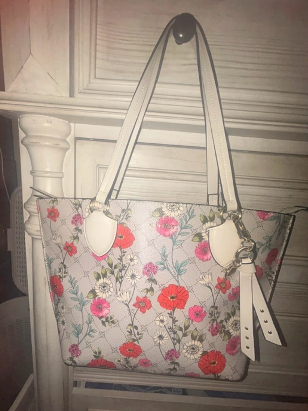 Nine West White Floral Tote with Pink & Red Flowers Used Once